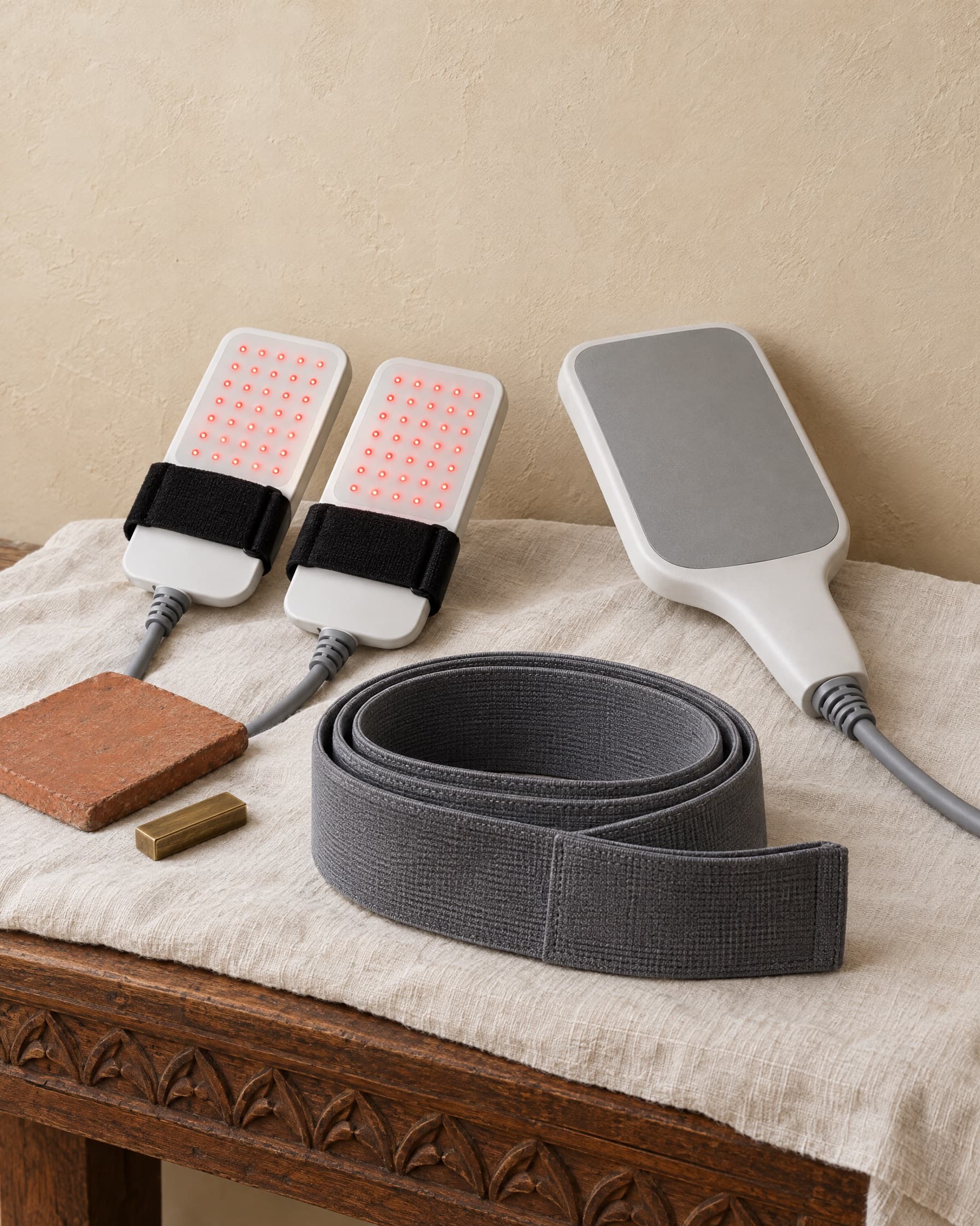 Two red light paddles with straps, a white EMS paddle and a grey belt on linen over a carved cedar bench