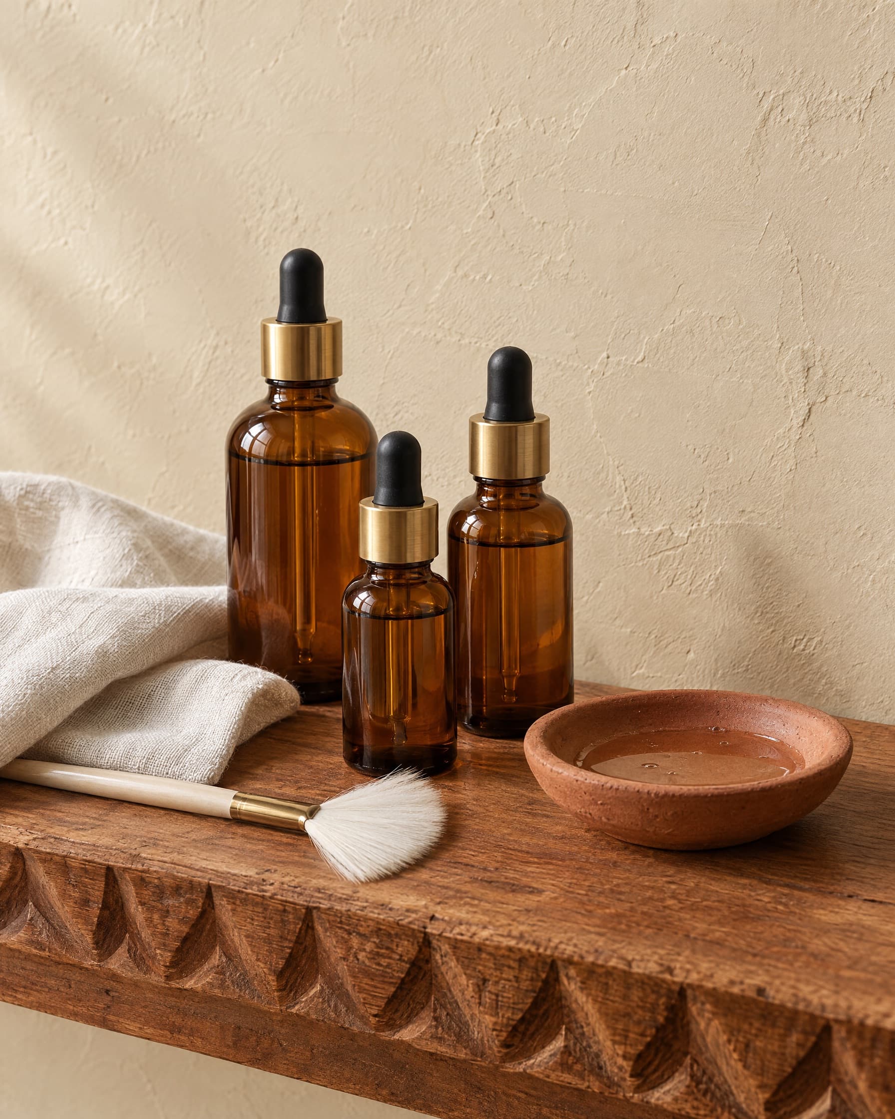 Amber dropper bottles, a fan brush and a clay dish of peel solution on a carved cedar ledge